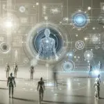 Ilustración conceptual de inteligencia artificial conectando datos digitales en un entorno tecnológico moderno.