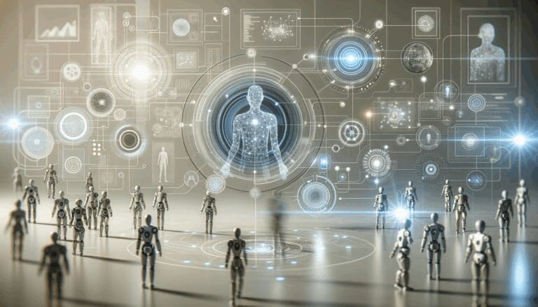 Ilustración conceptual de inteligencia artificial conectando datos digitales en un entorno tecnológico moderno.