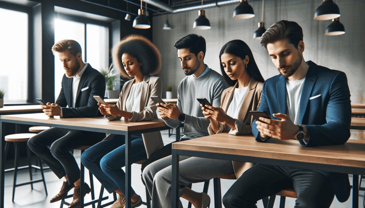 Grupo diverso de emprendedores usando dispositivos móviles en un espacio de coworking moderno.