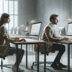 Dos personas trabajando frente a ordenadores en una oficina minimalista, ambiente de trabajo tecnológico y moderno.