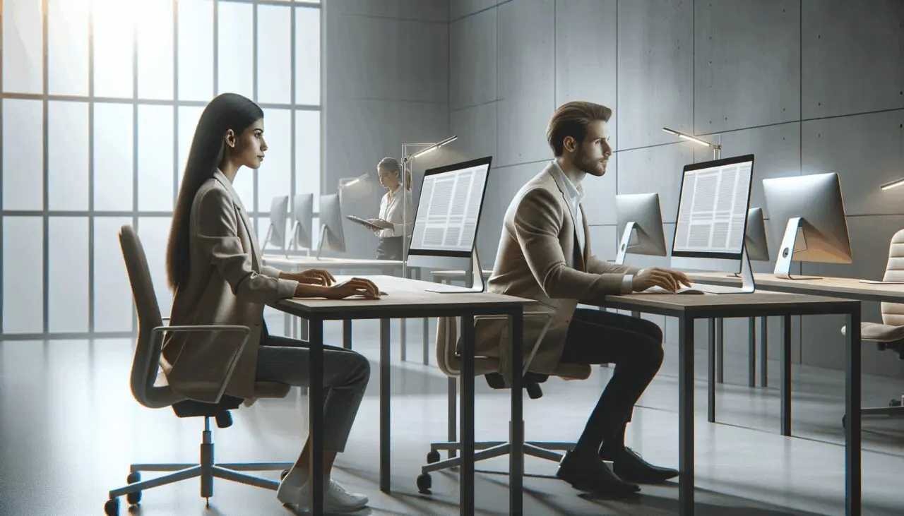 Dos personas trabajando frente a ordenadores en una oficina minimalista, ambiente de trabajo tecnológico y moderno.