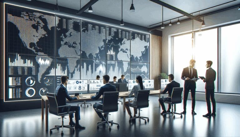 Espacio de oficinas tecnológicas con equipos colaborando frente a pantallas de datos financieros.