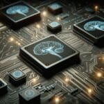 Primer plano de circuitos electrónicos integrados con ilustraciones de neuronas sobre fondo oscuro.