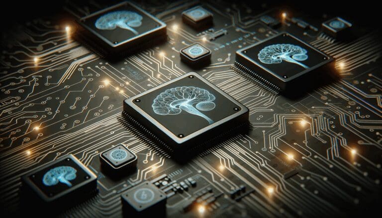 Primer plano de circuitos electrónicos integrados con ilustraciones de neuronas sobre fondo oscuro.