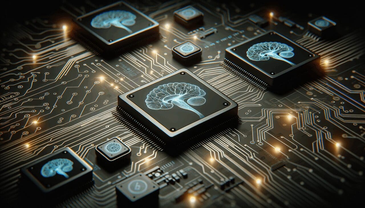 Primer plano de circuitos electrónicos integrados con ilustraciones de neuronas sobre fondo oscuro.