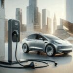 Cargador eléctrico conectado a un automóvil moderno en un entorno urbano.