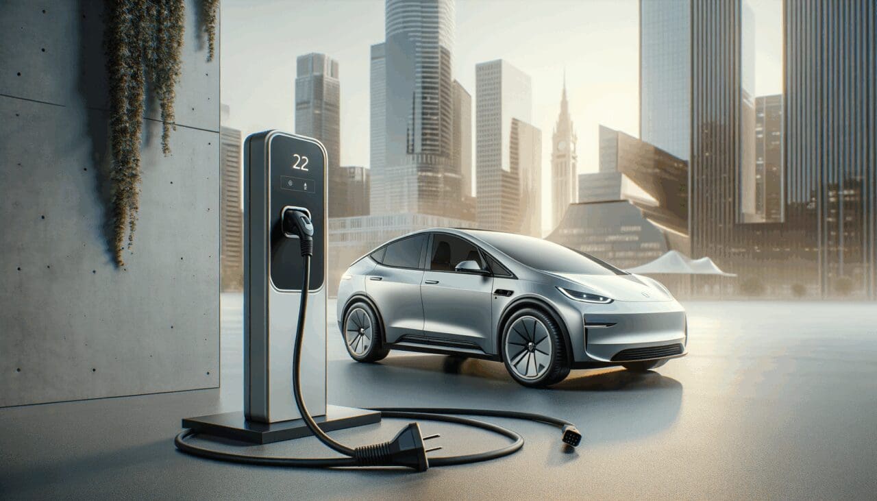 Cargador eléctrico conectado a un automóvil moderno en un entorno urbano.