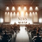 Auditorio moderno lleno de asistentes, escenario iluminado y panel de emprendedores en discusión.