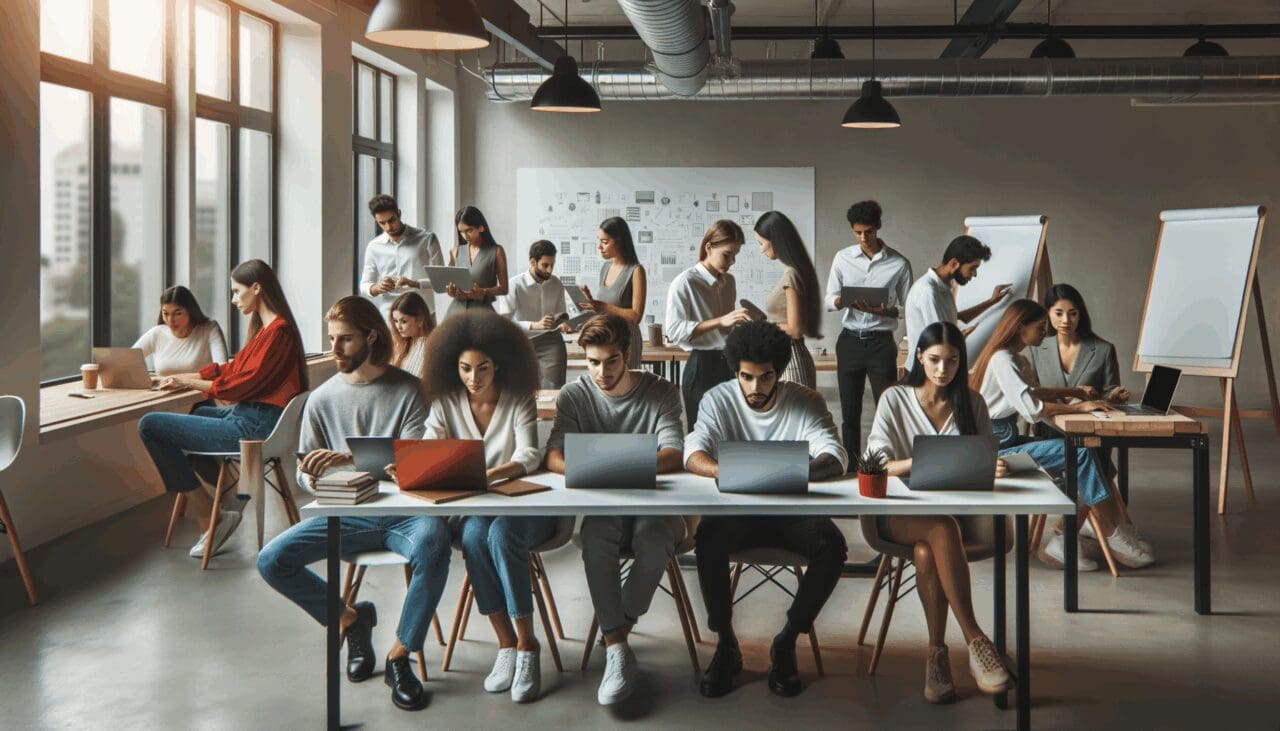 Grupo diverso de jóvenes emprendedores reunidos en un espacio de coworking moderno con laptops y pizarras.