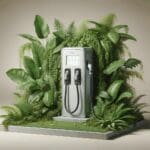 Punto de carga eléctrica moderno rodeado de vegetación, simbolizando sostenibilidad e innovación.