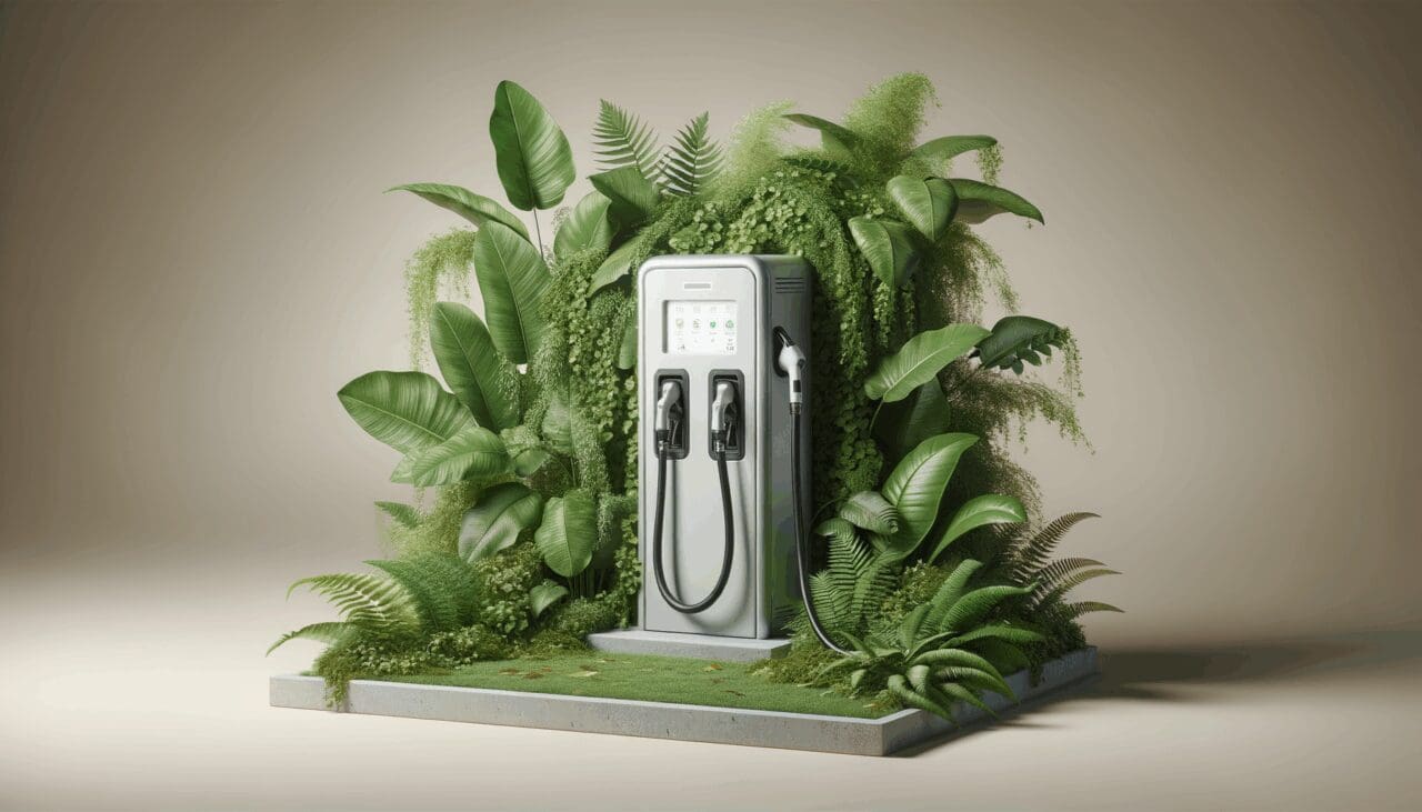 Punto de carga eléctrica moderno rodeado de vegetación, simbolizando sostenibilidad e innovación.