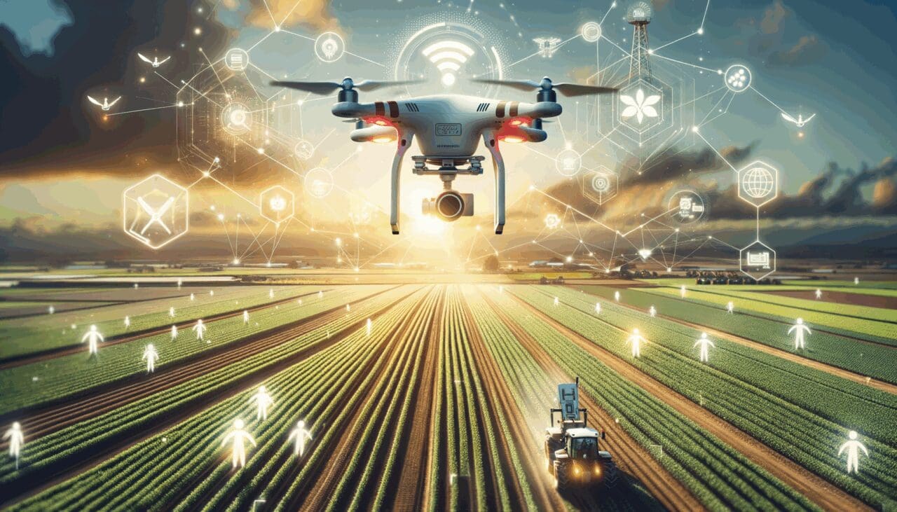 Drone capturando imágenes de campos agrícolas con tecnología de sensores y maquinaria inteligente.