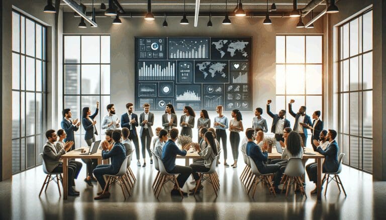 Equipo diverso de una startup colaborando en una oficina moderna con pantallas mostrando datos.