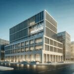 Edificio moderno en un distrito de innovación con cielo despejado.