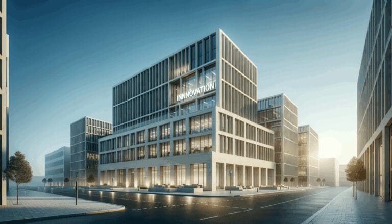 Edificio moderno en un distrito de innovación con cielo despejado.