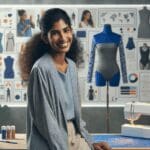 Diseñadora con prototipos de trajes de baño inclusivos en un estudio moderno.