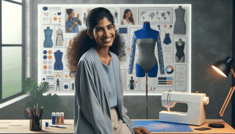 Diseñadora con prototipos de trajes de baño inclusivos en un estudio moderno.