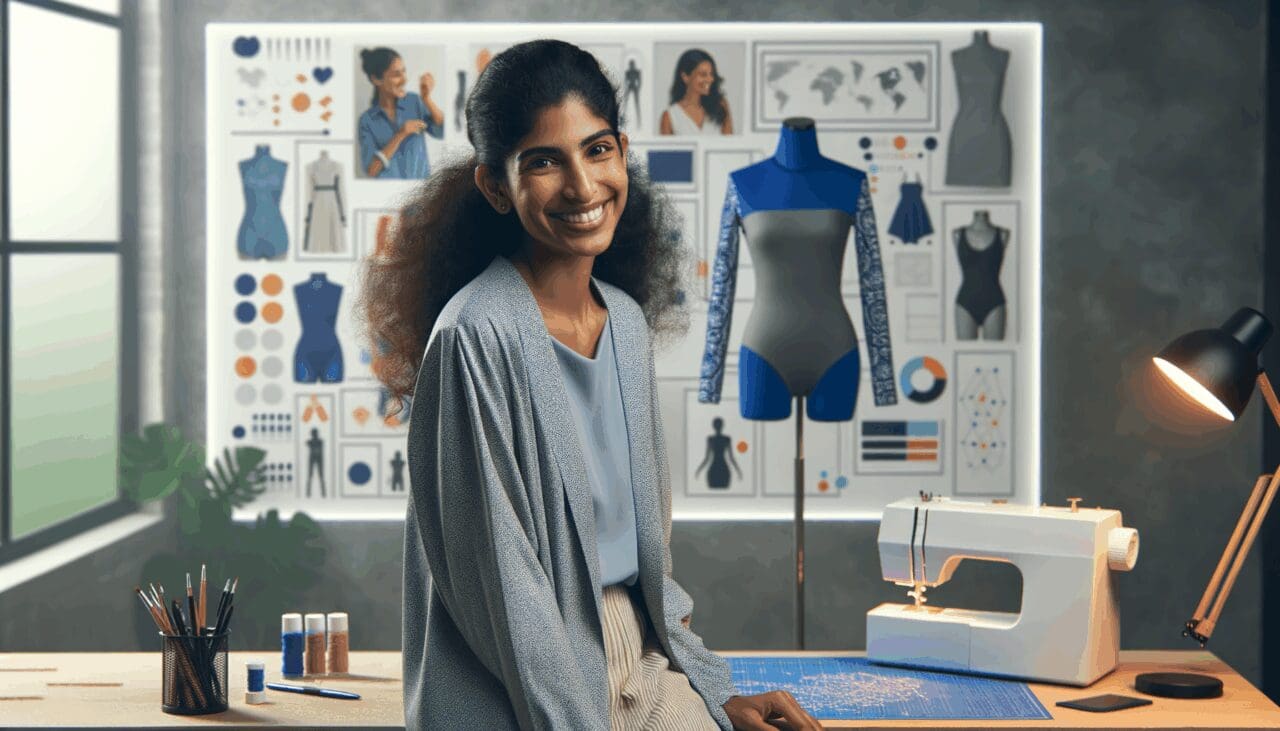 Diseñadora con prototipos de trajes de baño inclusivos en un estudio moderno.