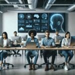 Equipo multicultural trabajando con pantallas y visualizaciones de inteligencia artificial en un espacio de coworking moderno.