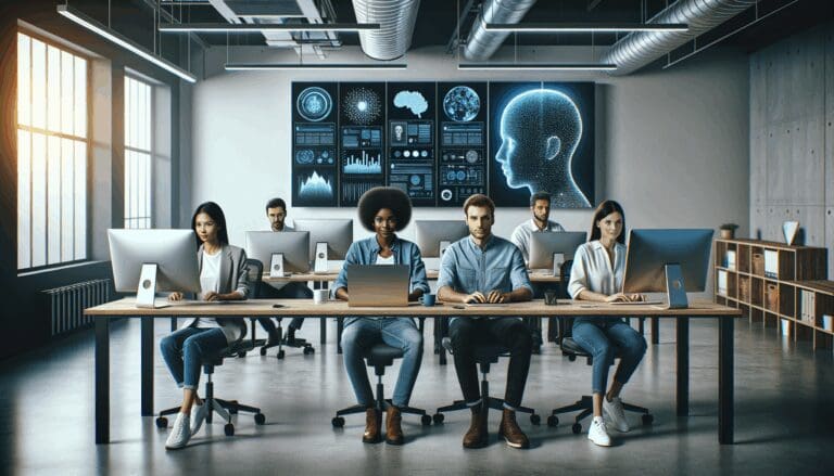 Equipo multicultural trabajando con pantallas y visualizaciones de inteligencia artificial en un espacio de coworking moderno.