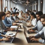 Grupo diverso de jóvenes emprendedores en una sala de coworking moderna, trabajando en laptops.