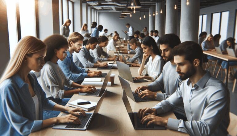 Grupo diverso de jóvenes emprendedores en una sala de coworking moderna, trabajando en laptops.