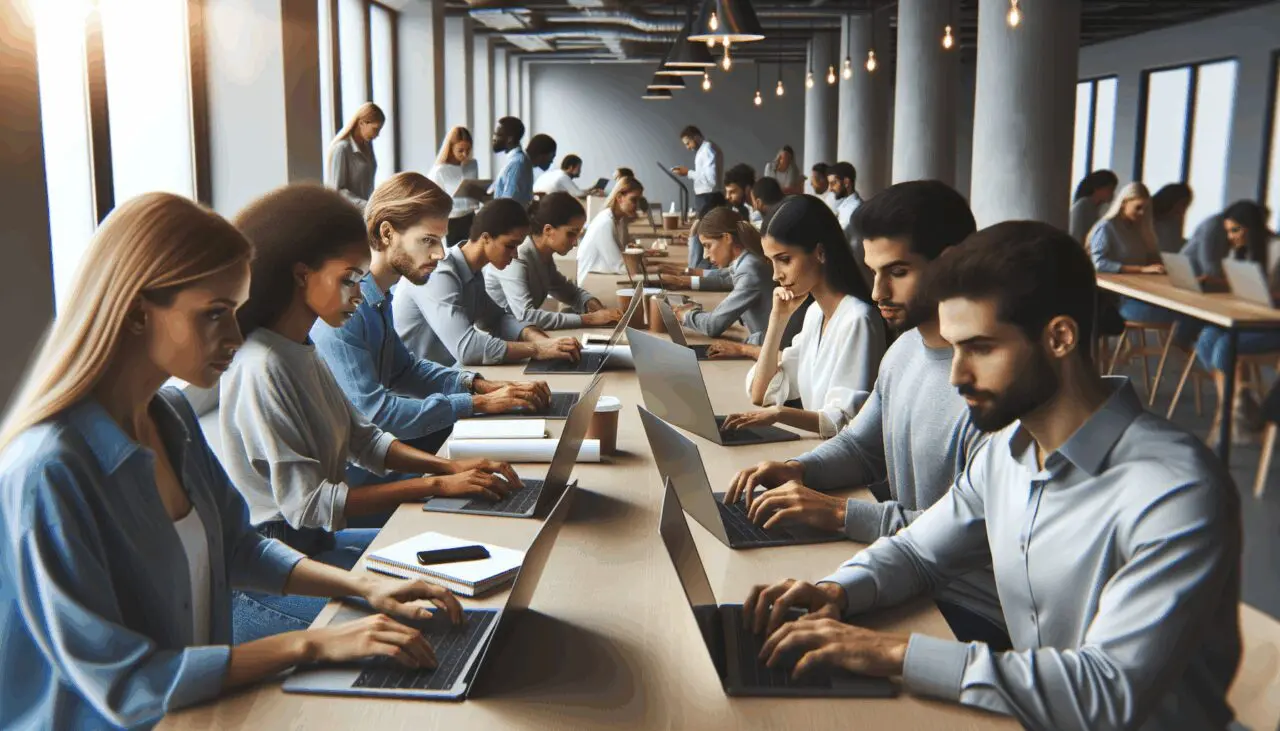 Grupo diverso de jóvenes emprendedores en una sala de coworking moderna, trabajando en laptops.