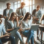 Jóvenes profesionales colaborando en una oficina moderna, con laptops y gráficos digitales al fondo.