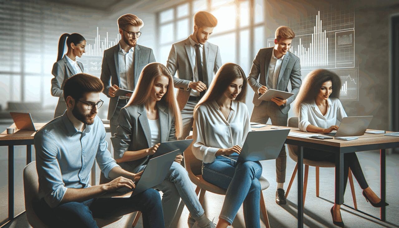 Jóvenes profesionales colaborando en una oficina moderna, con laptops y gráficos digitales al fondo.