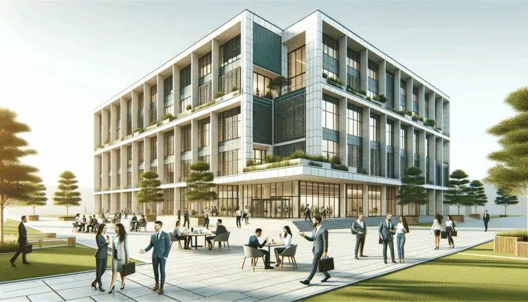 Edificio universitario moderno con áreas verdes y emprendedores conversando en un ambiente colaborativo.