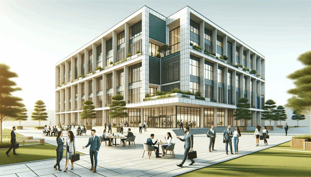 Edificio universitario moderno con áreas verdes y emprendedores conversando en un ambiente colaborativo.