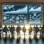 Sala de juntas moderna con emprendedores y pantallas digitales mostrando gráficos financieros y criptomonedas.