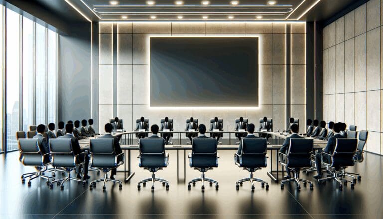 Fotografía de una junta de accionistas en una sala de reuniones moderna, ambiente profesional y tecnológico.