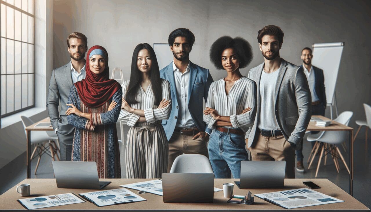 Fotografía de un grupo diverso de emprendedores reunidos en un espacio de coworking moderno, laptops y pizarras digitales en primer plano.