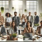 Equipo diverso de jóvenes emprendedores trabajando en una oficina luminosa rodeados de plantas y laptops.