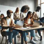 Jóvenes reunidos en un moderno espacio de coworking, colaborando en laptops y pizarras.