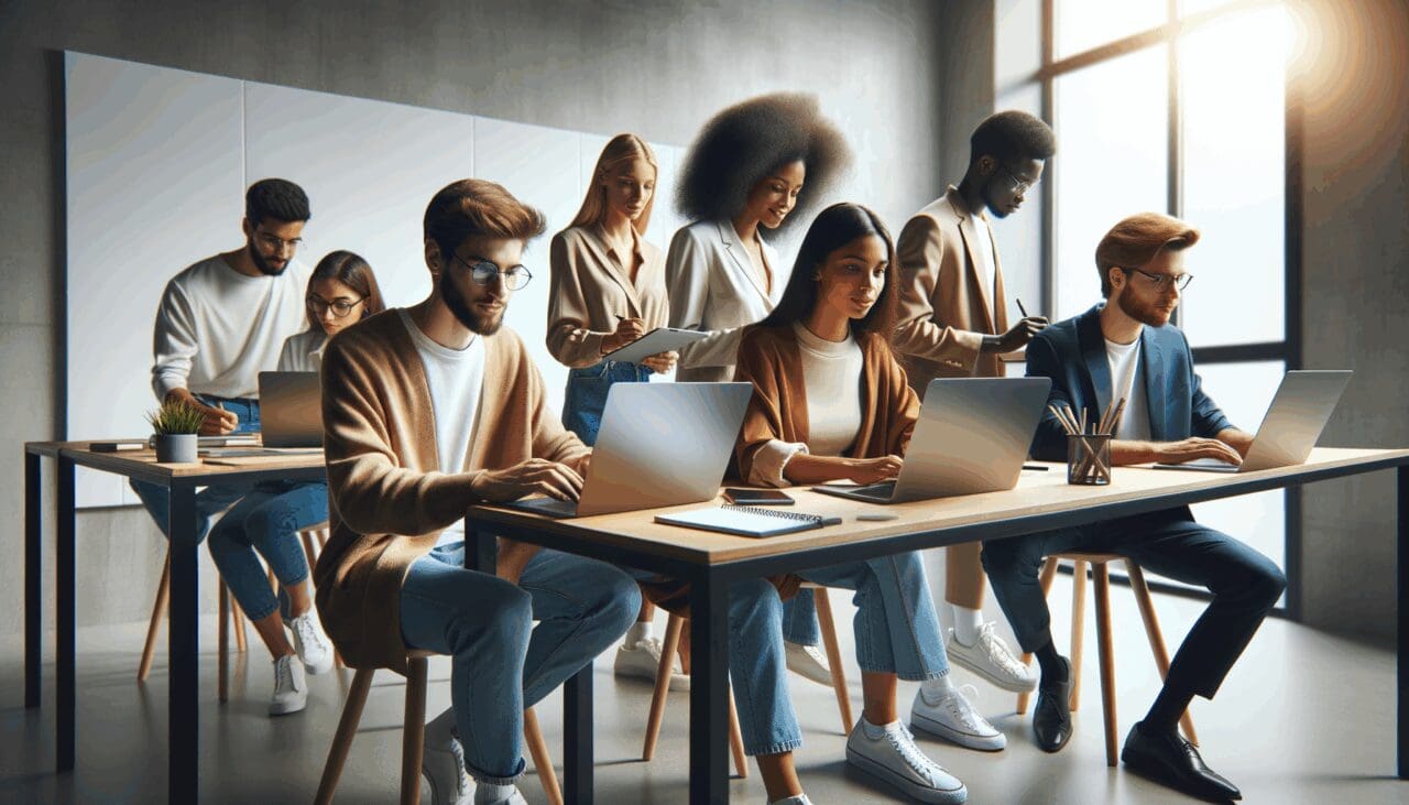 Jóvenes reunidos en un moderno espacio de coworking, colaborando en laptops y pizarras.