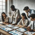 Equipo multicultural colaborando frente a pantallas con gráficos y datos en un espacio de coworking moderno.