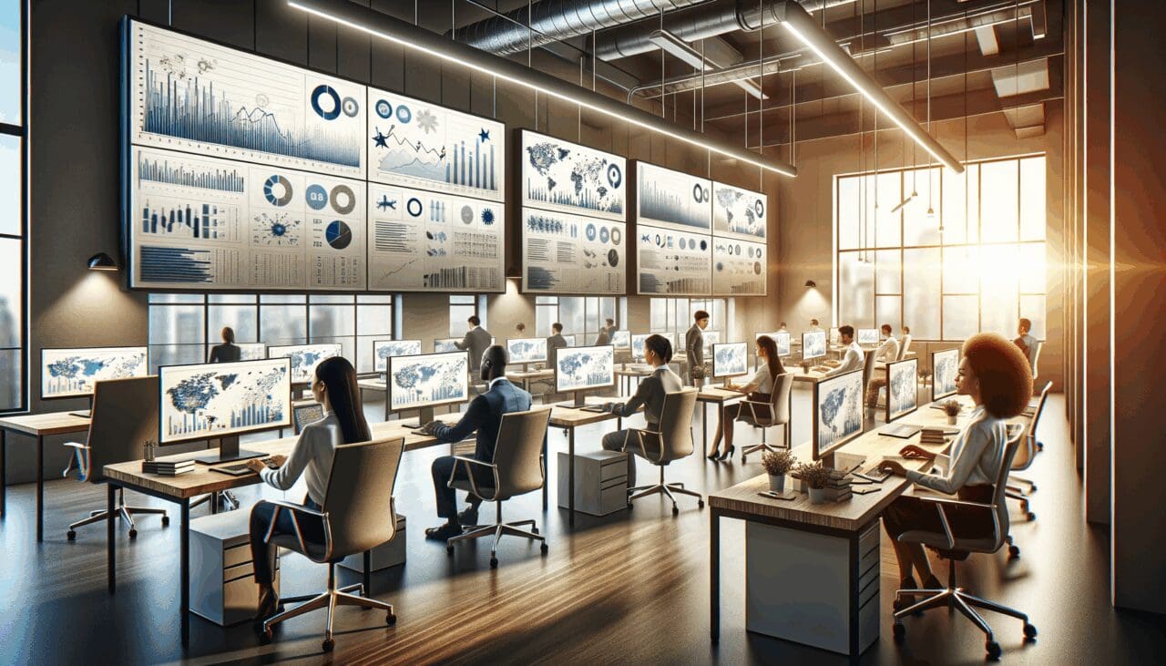Oficina moderna con pantallas digitales mostrando gráficos y un equipo colaborando frente a computadoras.