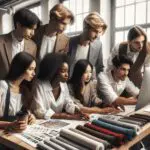 Grupo de jóvenes emprendedores trabajando con computadoras y muestrarios de telas en un espacio abierto y moderno.