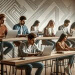 Jóvenes emprendedores trabajando en laptops en un espacio de coworking moderno con un diseño retro digital.