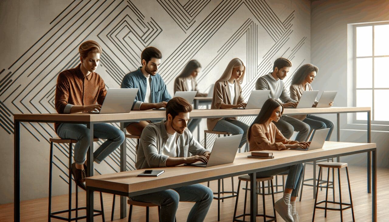 Jóvenes emprendedores trabajando en laptops en un espacio de coworking moderno con un diseño retro digital.