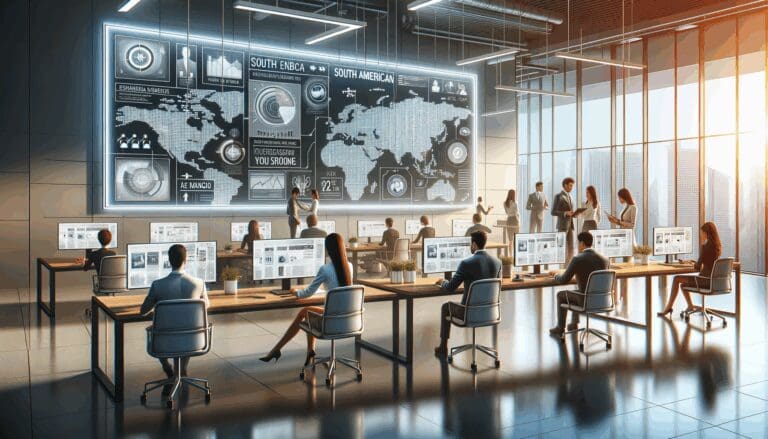 Ilustración de una oficina moderna con pantallas digitales y equipo colaborando, ambiente tecnológico latinoamericano.