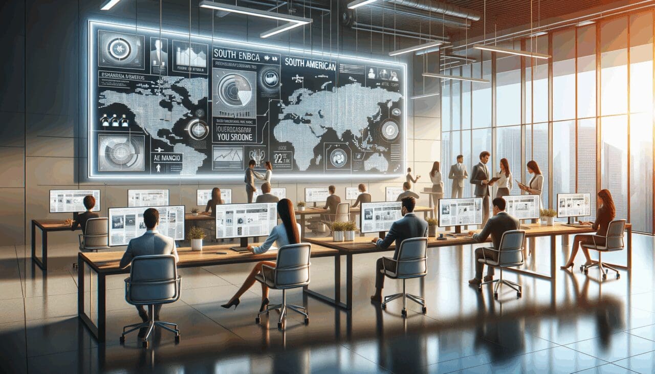 Ilustración de una oficina moderna con pantallas digitales y equipo colaborando, ambiente tecnológico latinoamericano.