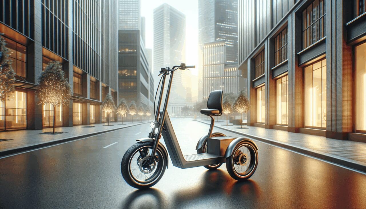 Fotografía editorial de un triciclo eléctrico moderno de tres ruedas en ambiente urbano, con fondo desenfocado y luz natural.