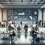 Espacio de coworking moderno con emprendedores colaborando frente a pantallas con gráficos de datos.