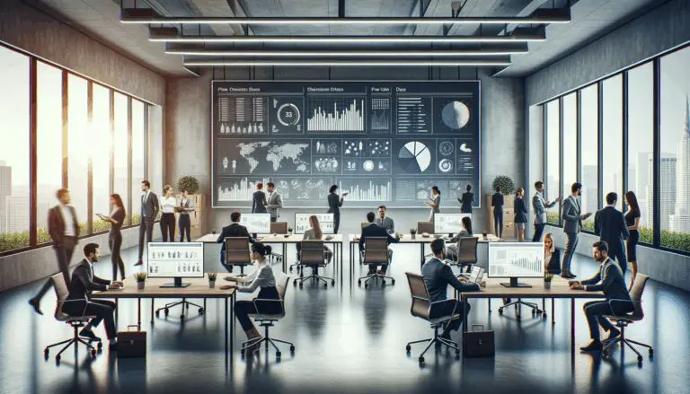 Espacio de coworking moderno con emprendedores colaborando frente a pantallas con gráficos de datos.