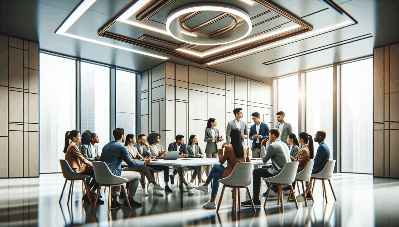 Grupo de estudiantes discutiendo un proyecto tecnológico en una sala moderna.