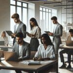 Grupo de jóvenes profesionales colaborando en una oficina moderna con laptops y pantallas digitales.