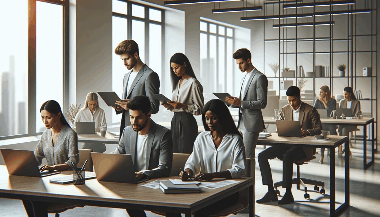 Grupo de jóvenes profesionales colaborando en una oficina moderna con laptops y pantallas digitales.
